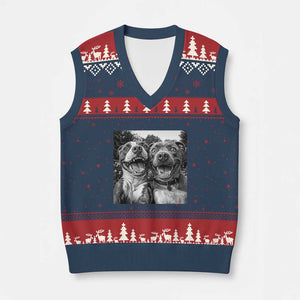 Pitbull Selfie Meme V-Neck Knit Sweater Vest Funny Dog Lover Graphic TS12 Navy Red Print Your Wear