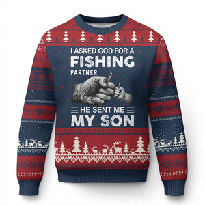 Father And Son Fishing Ugly Christmas Sweater Asked God For A Fishing Partner Graphic TS12 Navy Red Print Your Wear