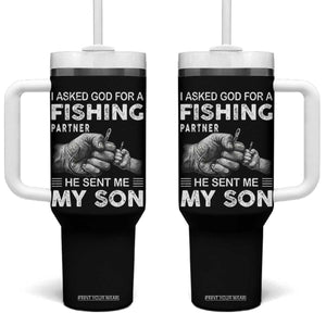 Father And Son Fishing Tumbler With Handle Asked God For A Fishing Partner Graphic TS12 One Size: 40 oz Black Print Your Wear