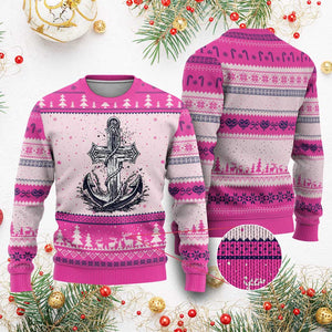 Faith Family Fishing Jesus Cross Anchor Ugly Christmas Sweater Funny Christian Fisherman TS12 Hot Pink Print Your Wear