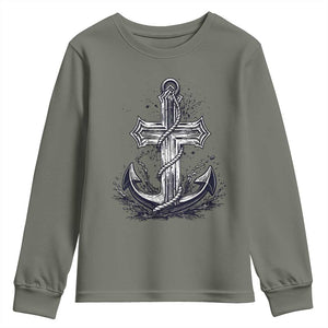 Faith Family Fishing Jesus Cross Anchor Youth Sweatshirt Funny Christian Fisherman TS12 Military Green Print Your Wear