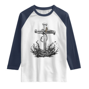 Faith Family Fishing Raglan Shirt Christian Jesus Cross Fathers Day Gift TS12 White Navy Print Your Wear