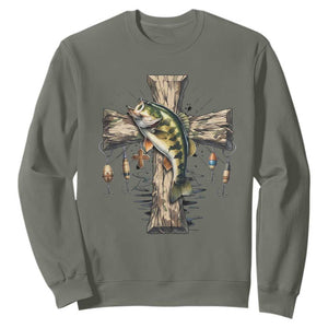 Camo Jesus Cross Fishing Sweatshirt Faith Family Fishing Fathers Day TS12 Military Green Print Your Wear