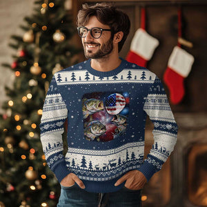 Patriotic Bass Fishing Moon Ugly Christmas Sweater 4th Of July Fisherman Gift TS12 Navy Beige Print Your Wear