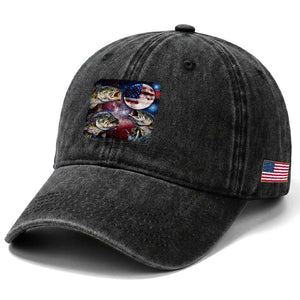 Patriotic Bass Fishing Moon Washed Cotton Baseball Cap 4th Of July Fisherman Gift TS12 Print Your Wear