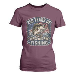Vintage 250 Years Of Fishing T Shirt For Women Patriotic Angler TS12 Maroon Print Your Wear