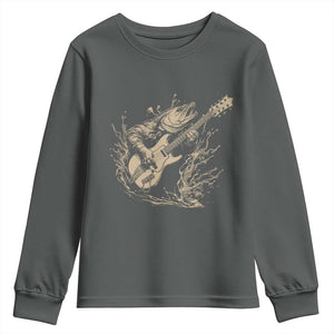 Vintage Trout Playing Guitar Youth Sweatshirt Funny Fishing Musician Gift TS12 Dark Heather Print Your Wear