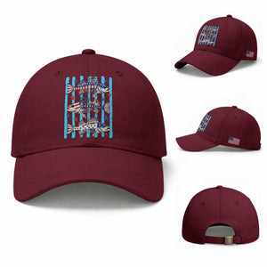 Patriotic Striped Bass Fishing Skeleton Baseball Cap USA Flag Angler Gift TS12 Baseball Cap Universal Fit Maroon Print Your Wear