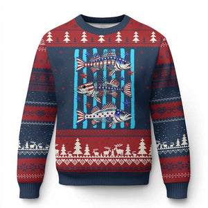 Patriotic Striped Bass Fishing Skeleton Ugly Christmas Sweater USA Flag Angler Gift TS12 Navy Red Print Your Wear