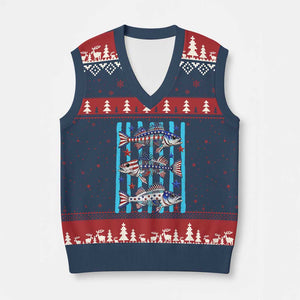 Patriotic Striped Bass Fishing Skeleton V-Neck Knit Sweater Vest USA Flag Angler Gift TS12 Navy Red Print Your Wear