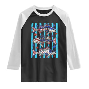 Patriotic Striped Bass Fishing Skeleton Raglan Shirt USA Flag Angler Gift TS12 Black White Print Your Wear