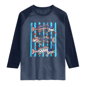 Patriotic Striped Bass Fishing Skeleton Raglan Shirt USA Flag Angler Gift TS12 Heather Denim Navy Print Your Wear