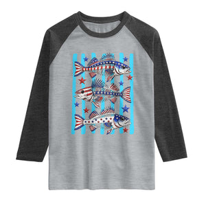 Patriotic Striped Bass Fishing Skeleton Raglan Shirt USA Flag Angler Gift TS12 Heather Gray Heather Charcoal Print Your Wear