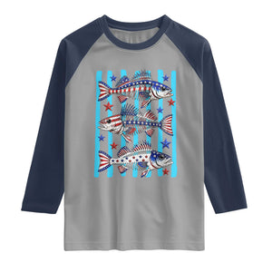 Patriotic Striped Bass Fishing Skeleton Raglan Shirt USA Flag Angler Gift TS12 Sport Gray Navy Print Your Wear