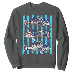 Patriotic Striped Bass Fishing Skeleton Sweatshirt USA Flag Angler Gift TS12 Dark Heather Print Your Wear