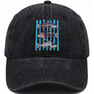 Patriotic Striped Bass Fishing Skeleton Washed Cotton Baseball Cap USA Flag Angler Gift TS12 Print Your Wear