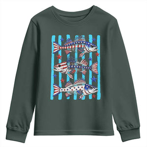 Patriotic Striped Bass Fishing Skeleton Youth Sweatshirt USA Flag Angler Gift TS12 Dark Forest Green Print Your Wear