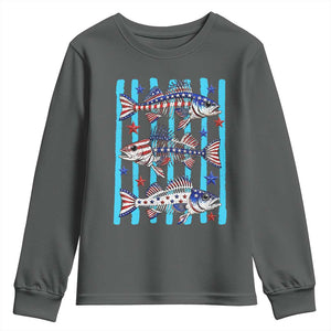 Patriotic Striped Bass Fishing Skeleton Youth Sweatshirt USA Flag Angler Gift TS12 Dark Heather Print Your Wear