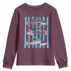 Patriotic Striped Bass Fishing Skeleton Youth Sweatshirt USA Flag Angler Gift TS12 Maroon Print Your Wear