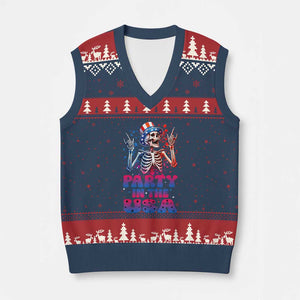 Funny Party In The USA Skeleton Rock Hand V-Neck Knit Sweater Vest 4th Of July Rocker Gift