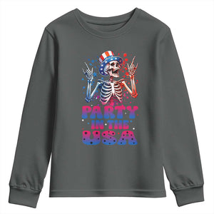 Funny Party In The USA Skeleton Rock Hand Youth Sweatshirt 4th Of July Rocker Gift TS12 Dark Heather Print Your Wear