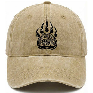 Native Inspired Alaska Grizzly Bear Washed Cotton Baseball Cap Pacific Northwest Pride
