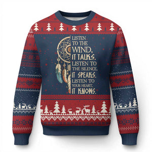 Indigenous Dreamcatcher Tribal Graphic Ugly Christmas Sweater Listen To The Wind Listen To The Silence