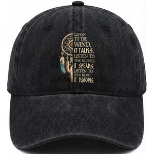 Indigenous Dreamcatcher Tribal Graphic Washed Cotton Baseball Cap Listen To The Wind Listen To The Silence