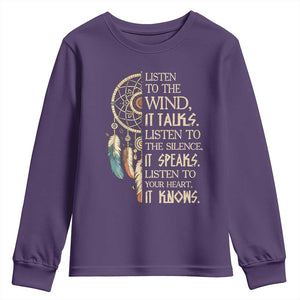 Indigenous Dreamcatcher Tribal Graphic Youth Sweatshirt Listen To The Wind Listen To The Silence