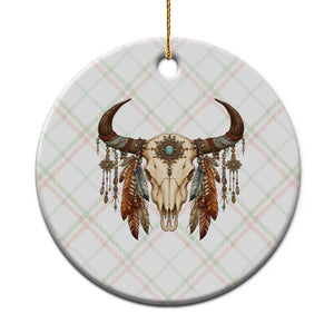 Vintage Southwestern Cow Skull Ceramic Ornament Boho Feather Western Graphic