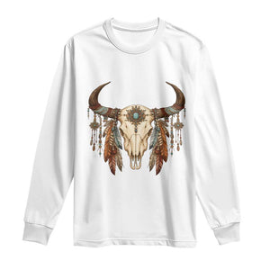 Vintage Southwestern Cow Skull Long Sleeve Shirt Boho Feather Western Graphic