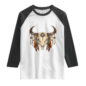 Vintage Southwestern Cow Skull Raglan Shirt Boho Feather Western Graphic