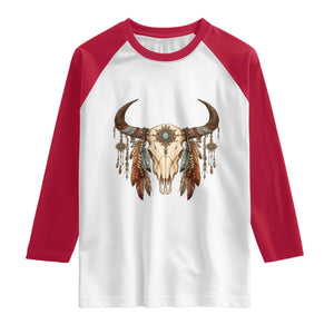 Vintage Southwestern Cow Skull Raglan Shirt Boho Feather Western Graphic
