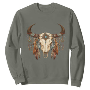 Vintage Southwestern Cow Skull Sweatshirt Boho Feather Western Graphic