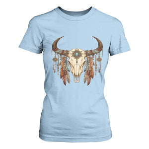 Vintage Southwestern Cow Skull T Shirt For Women Boho Feather Western Graphic