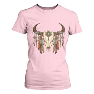 Vintage Southwestern Cow Skull T Shirt For Women Boho Feather Western Graphic