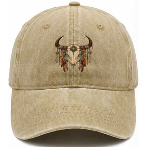 Vintage Southwestern Cow Skull Washed Cotton Baseball Cap Boho Feather Western Graphic TS12 Print Your Wear
