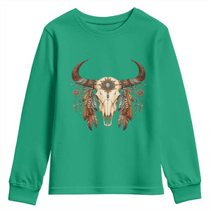 Vintage Southwestern Cow Skull Youth Sweatshirt Boho Feather Western Graphic