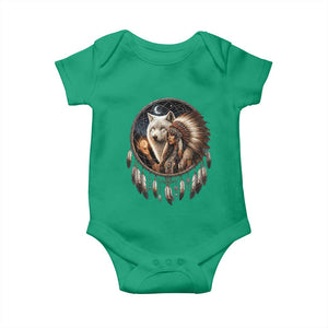 Vintage Native American Woman With White Wolf Graphic Baby Onesie