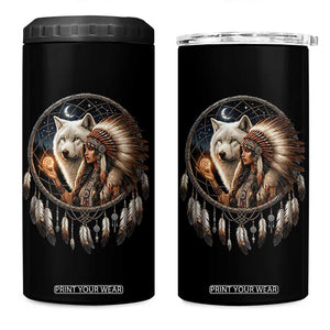 Vintage Native American Woman With White Wolf Graphic 4 in 1 Can Cooler Tumbler