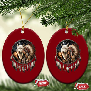 Vintage Native American Woman With White Wolf Graphic Ceramic Ornament