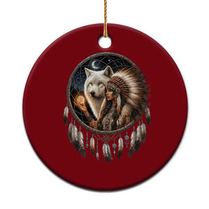 Vintage Native American Woman With White Wolf Graphic Ceramic Ornament