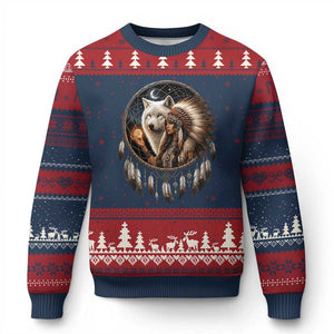 Vintage Native American Woman With White Wolf Graphic Ugly Christmas Sweater