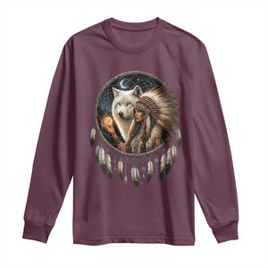 Vintage Native American Woman With White Wolf Graphic Long Sleeve Shirt