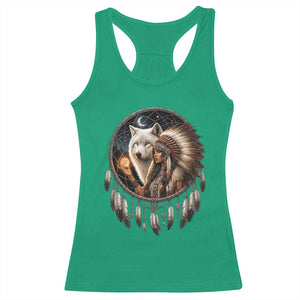 Vintage Native American Woman With White Wolf Graphic Racerback Tank Top