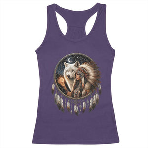 Vintage Native American Woman With White Wolf Graphic Racerback Tank Top