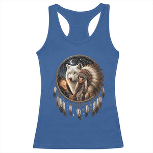 Vintage Native American Woman With White Wolf Graphic Racerback Tank Top
