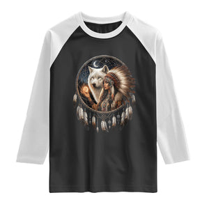 Vintage Native American Woman With White Wolf Graphic Raglan Shirt