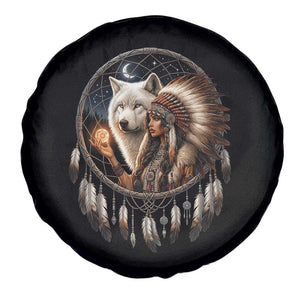 Vintage Native American Woman With White Wolf Graphic Spare Tire Cover