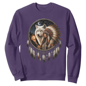 Vintage Native American Woman With White Wolf Graphic Sweatshirt